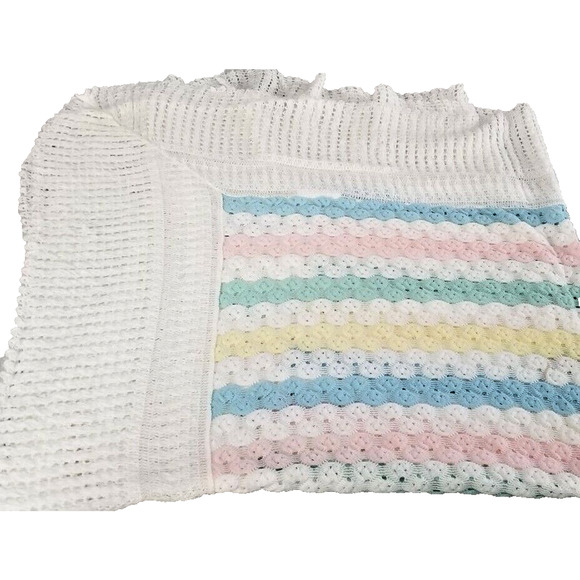 Vintage Dupont Waffle Weave Acrylic Pastel Stripes Ruffle Lace Light BLANKET - Picture 1 of 6
